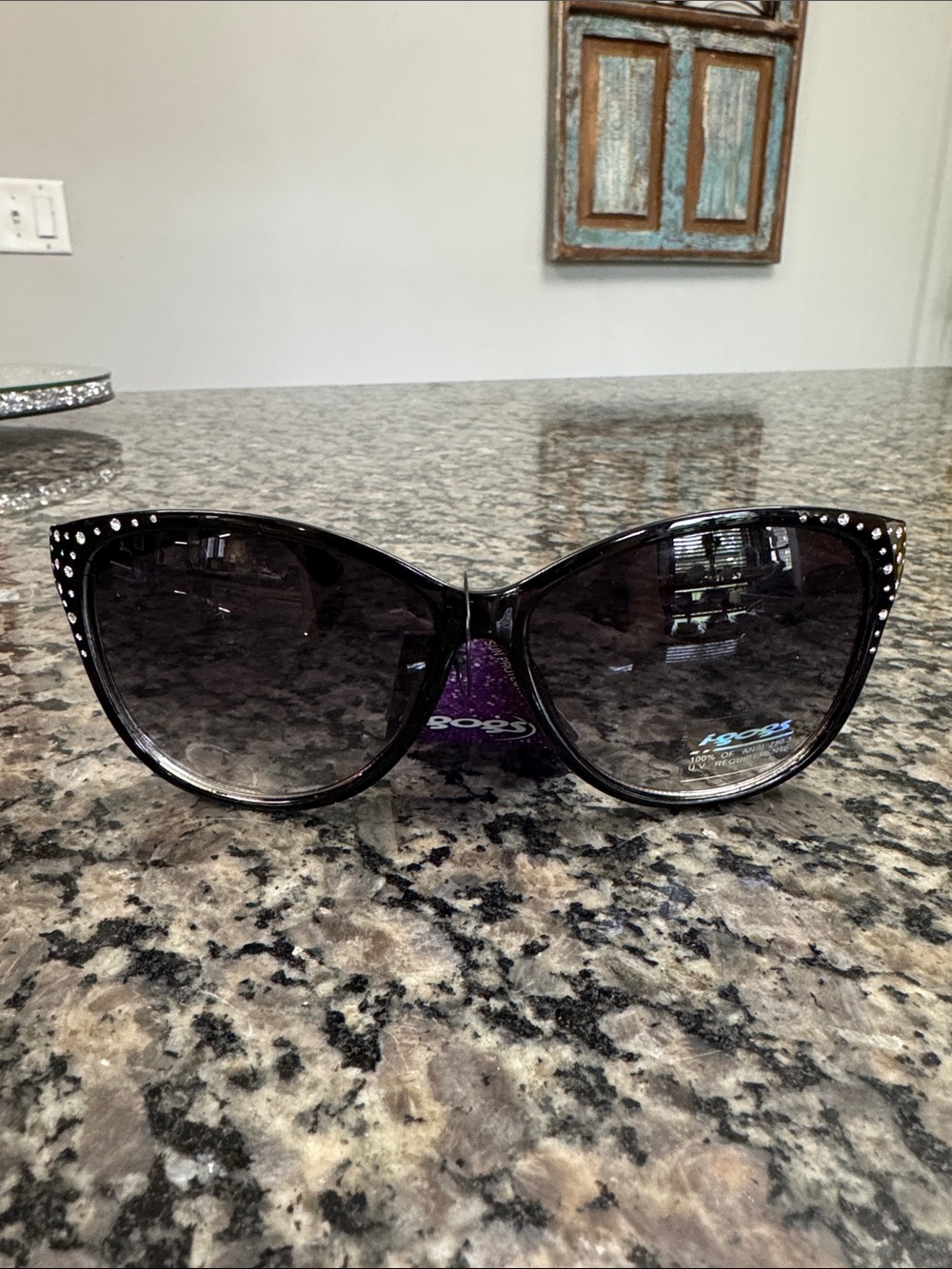 Black Cat-Eye Sunglasses with Silver Crystal Accents NWT